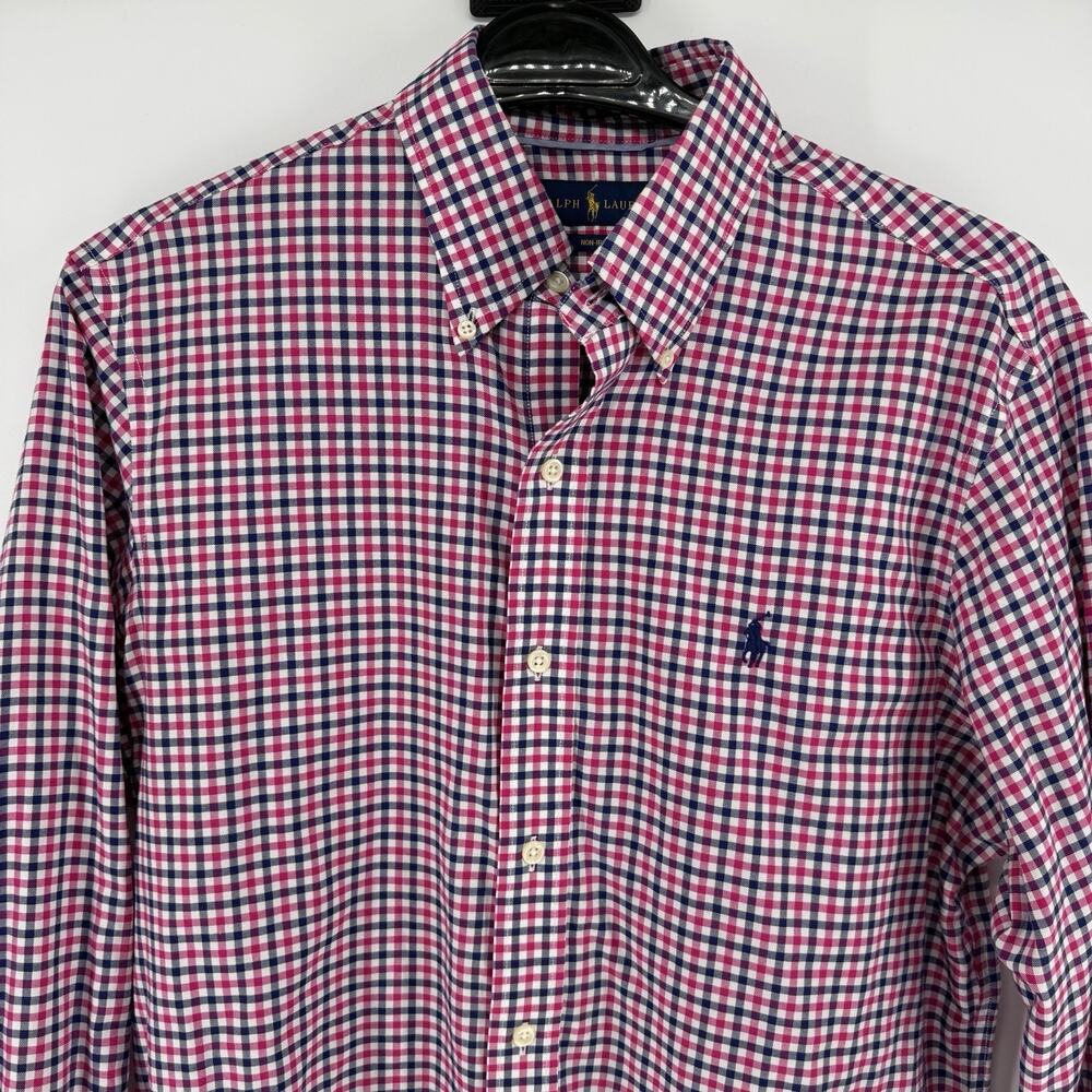 Ralph Lauren Shirt Pink White Blue Gingham Check Plaid Non Iron Mens Size Medium - Picture 2 of 10